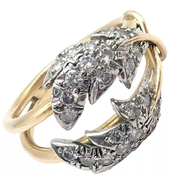 Authentic! Tiffany & Co. Schlumberger Diamond Yellow Gold Platinum Two Leaf Ring - Picture 1 of 11
